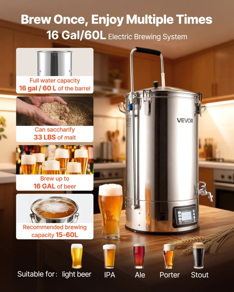 Sistema Produzione Birra DM-N60 Bollitore Elettrico 60L 3000W Acciaio Inox con Pannello di Controllo per Uso Domestico