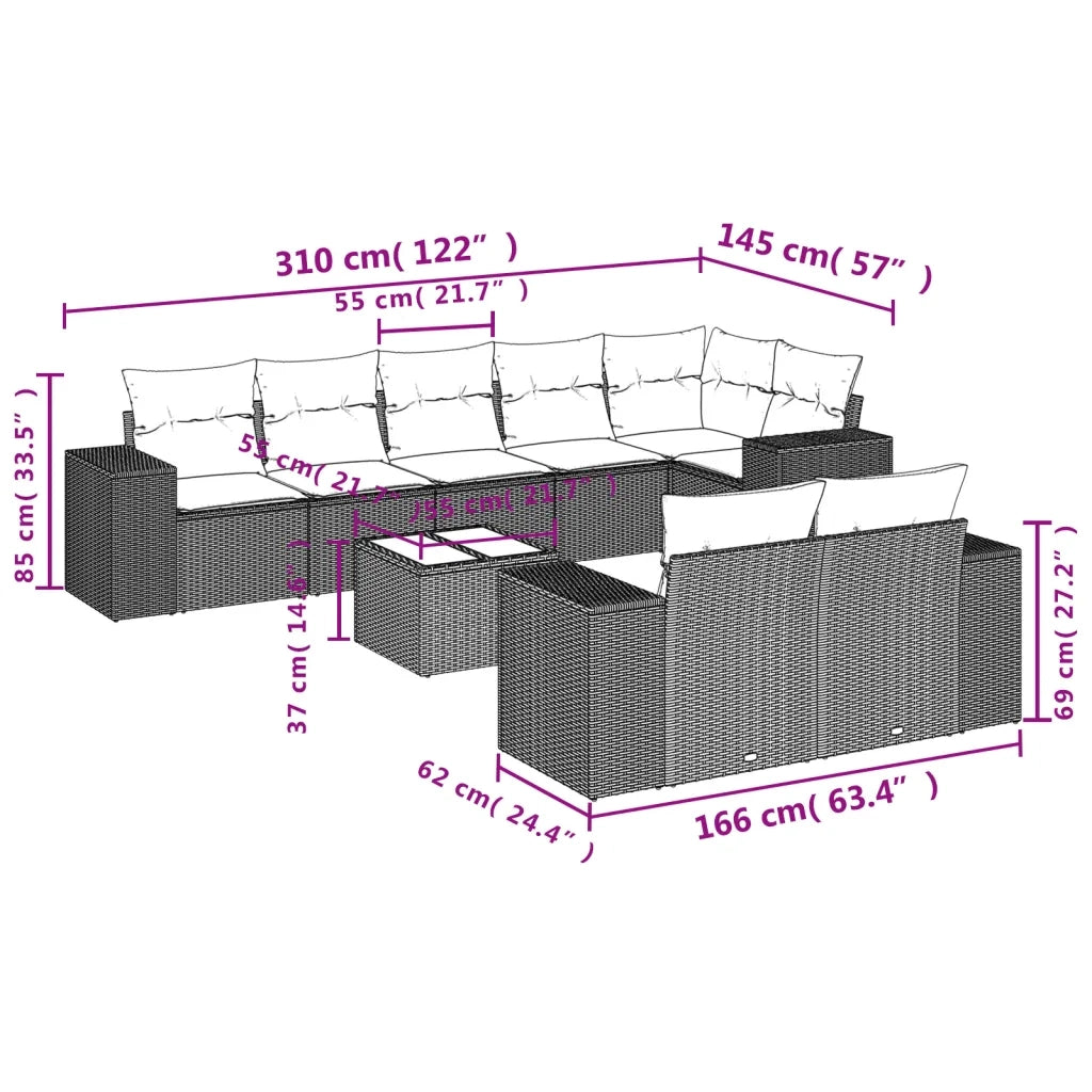 Set Divani da Giardino 9 pz con Cuscini Nero in Polyrattan 3222824