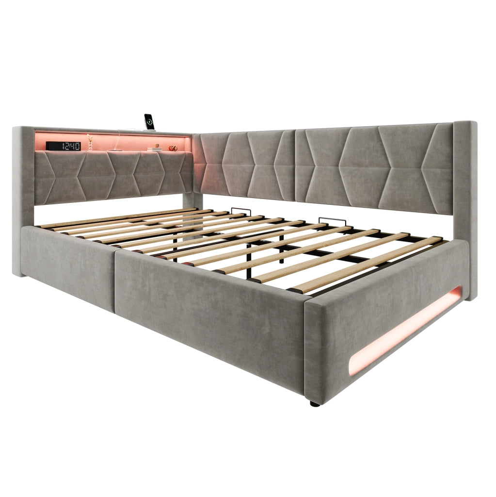 Letto imbottito 140x200 cm con contenitore, LED, USB e Type-C, velluto grigio scuro