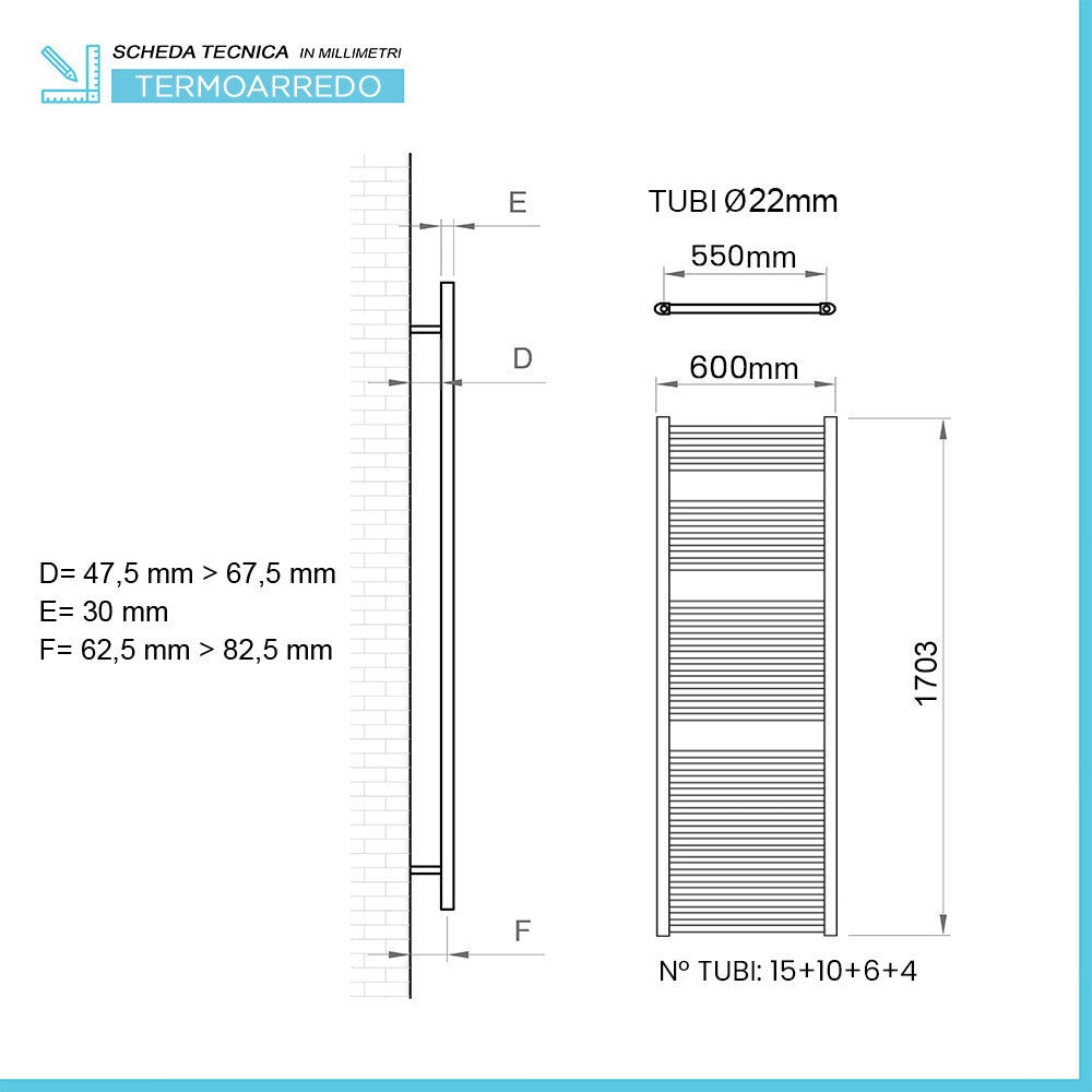 Termoarredo bagno cromo L 60x170 interasse 55 cm Sanremo