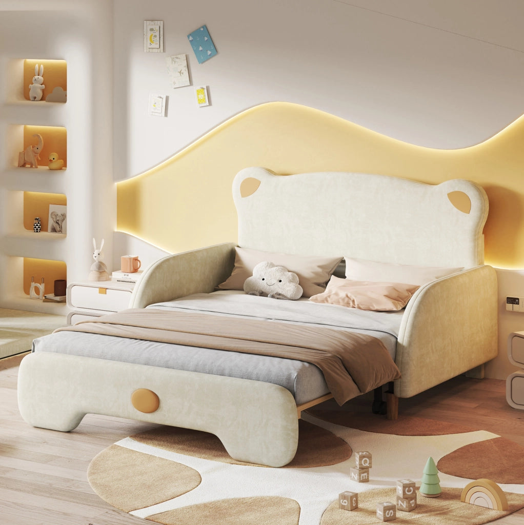Letto matrimoniale 140x200 cm in velluto beige a forma di orso con letto estraibile
