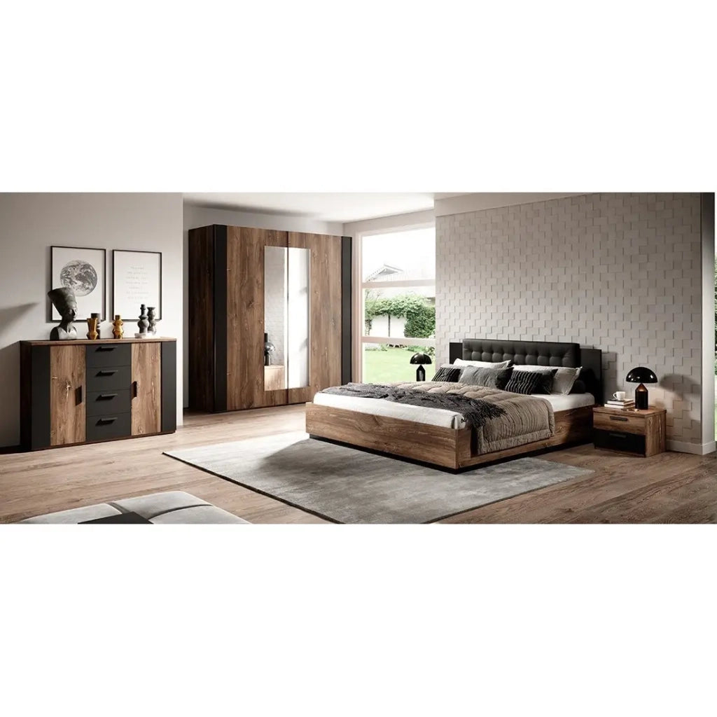 Camera completa FOX – Letto contenitore 180x200, doghe incluse, Armadio, Cassettiera, Comodini – Rovere scuro