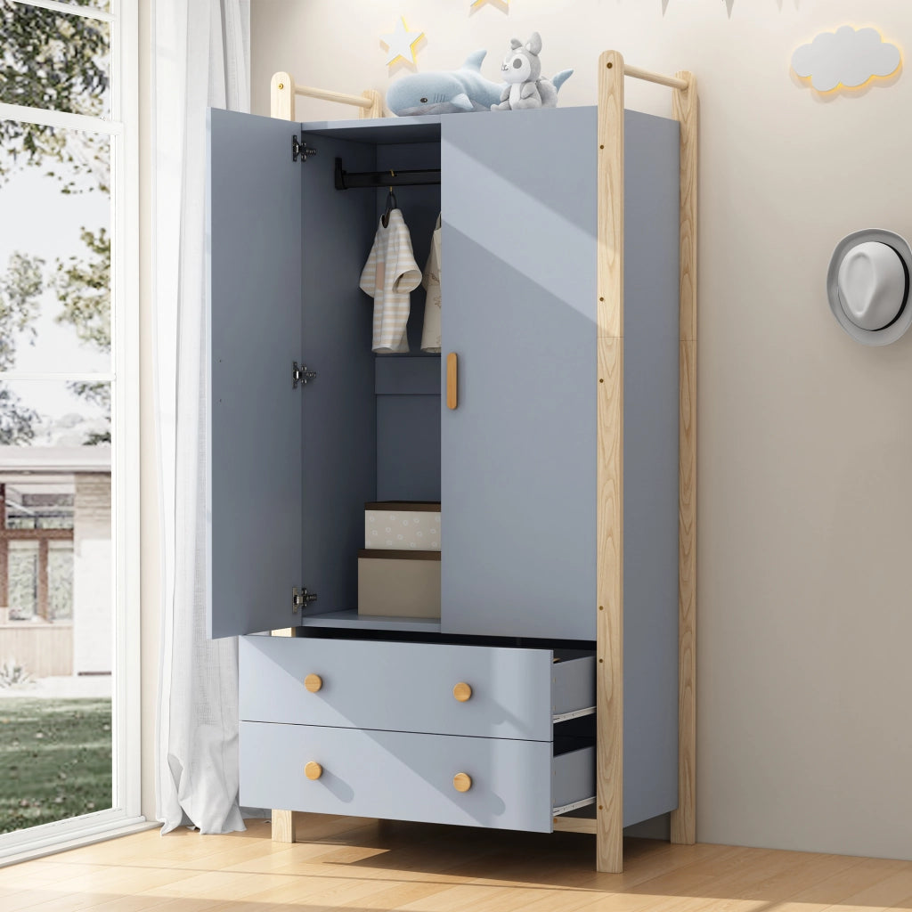 Set guardaroba e scaffale con appendiabiti 4 ripiani aperti e 4 cassetti in legno e MDF blu e naturale