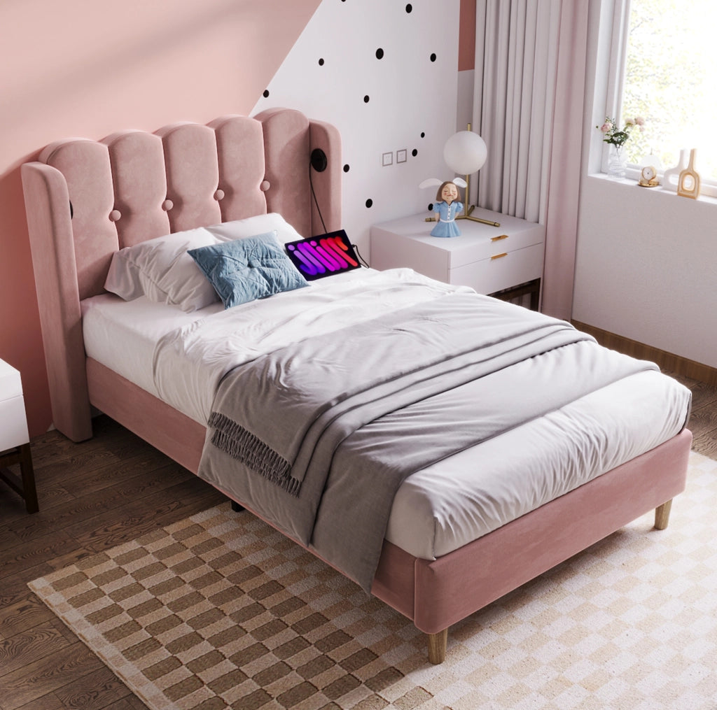 LETTO singolo 90x200 cm in velluto rosa con USB e Type-C