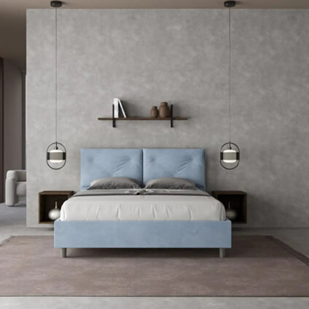 Letto matrimoniale con rete imbottito 160x190 microfibra azzurro Appia