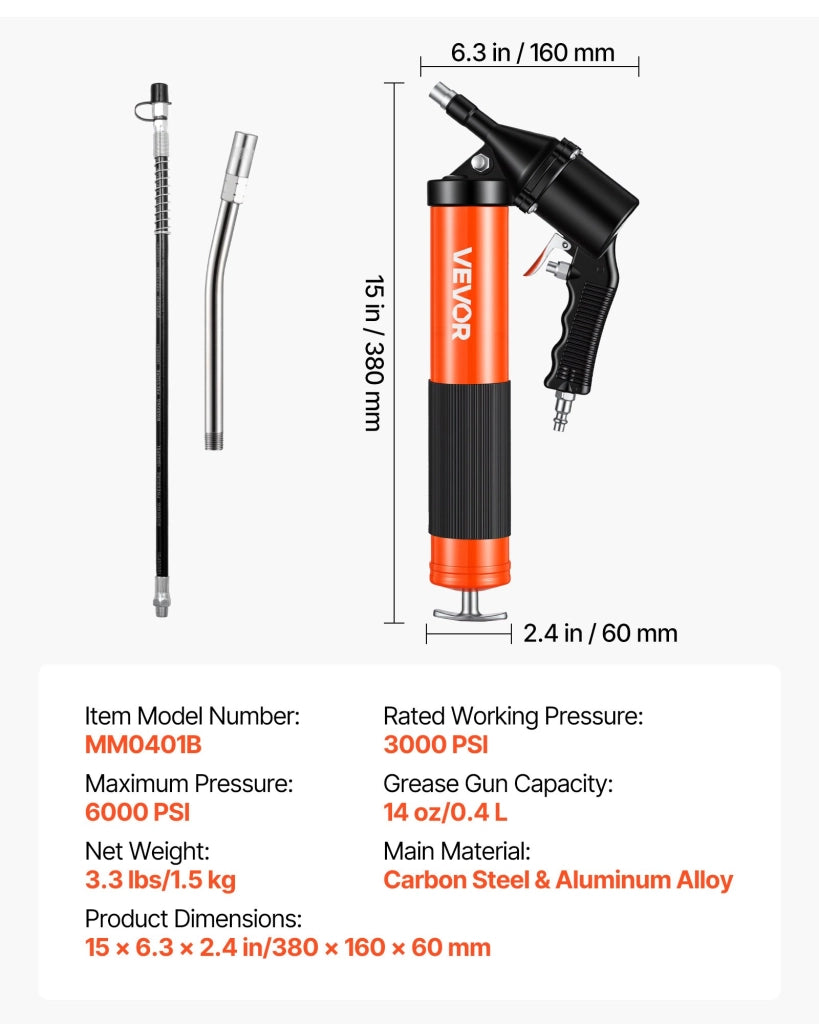 Kit Ingrassatore Pneumatico ad Alta Pressione 6000 PSI Capacita 0,4 L MM0401B in Acciaio al Carbonio e Lega di Alluminio per Officina