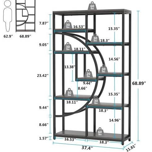 Libreria moderna in metallo nero con mensole rustiche, 9 ripiani aperti, versatile e autoportante