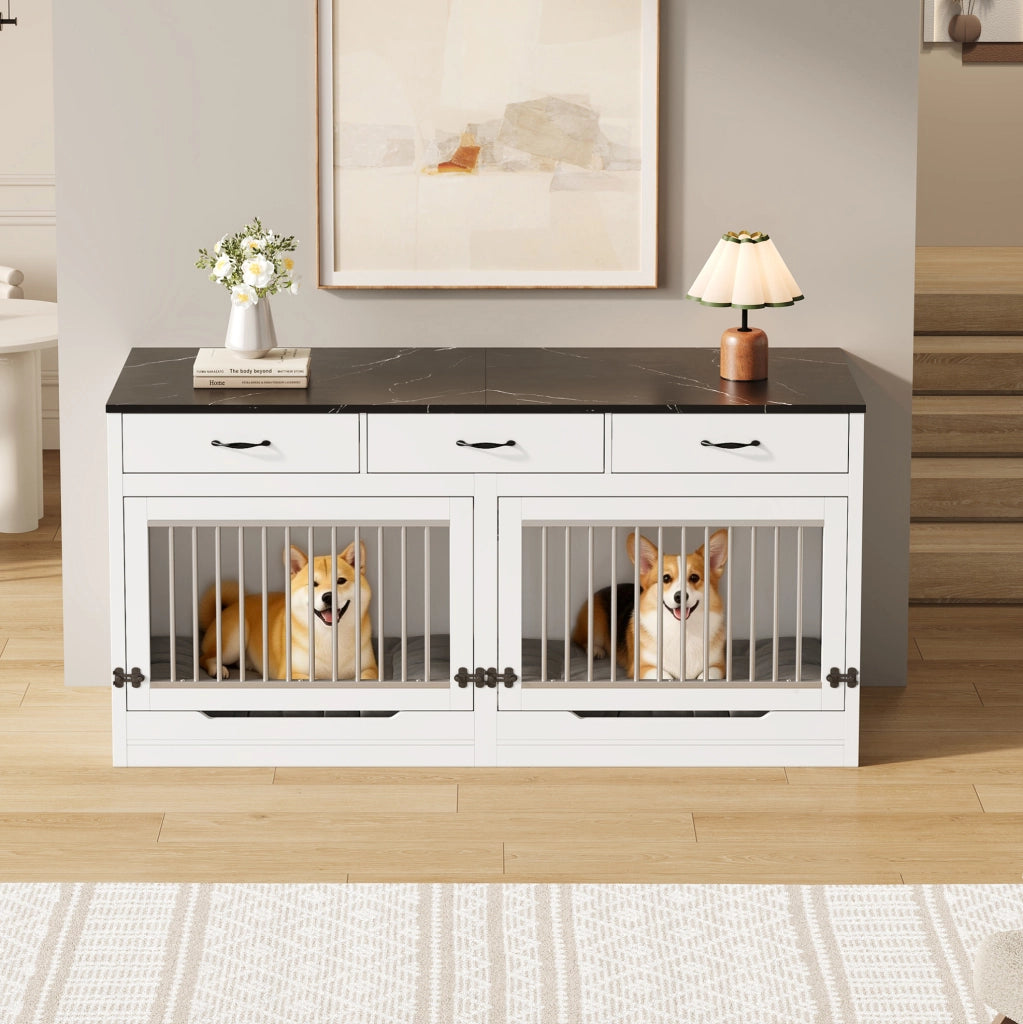 Gabbia per cani 164x60x81 cm bianca e nera in MDF e metallo; 3 cassetti