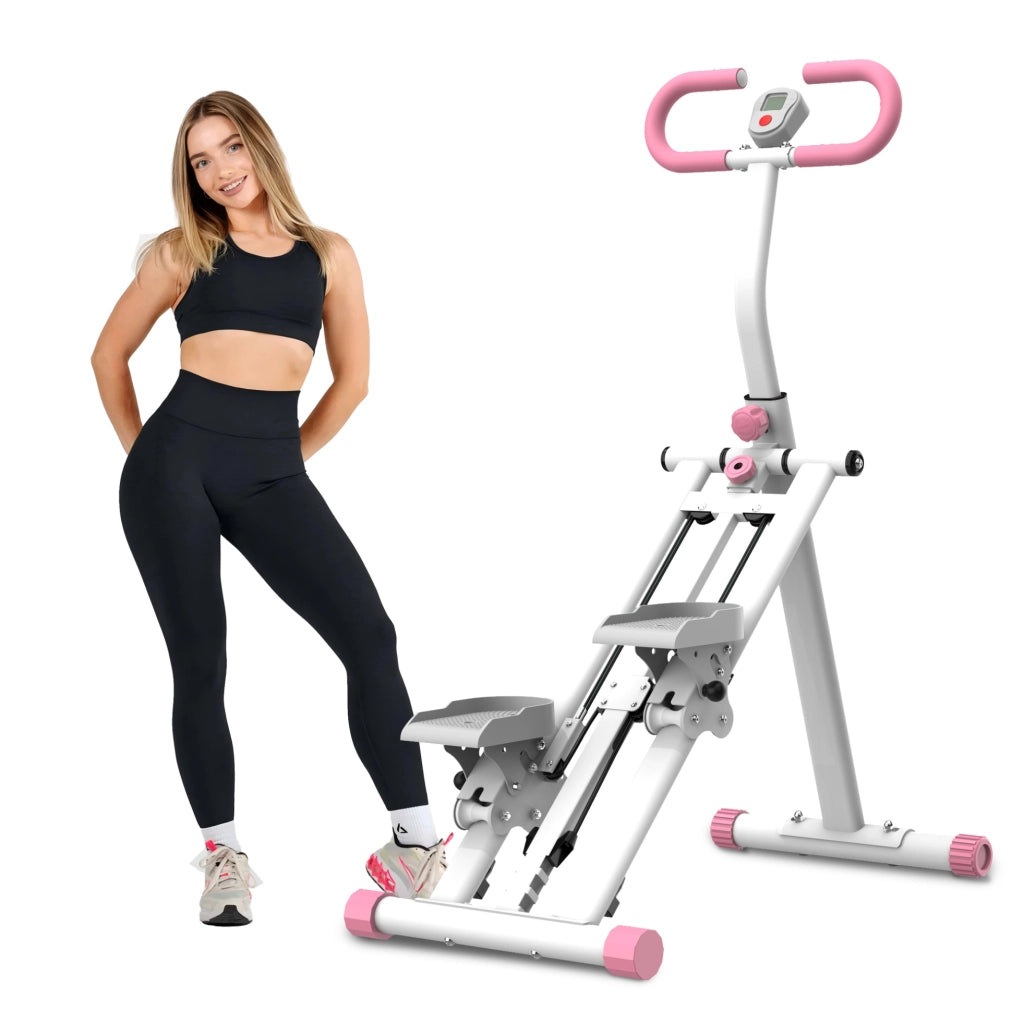 Stepper ULEVR pieghevole rosa con 3 livelli di resistenza, display, manubrio e pedali antiscivolo, portata 120 kg