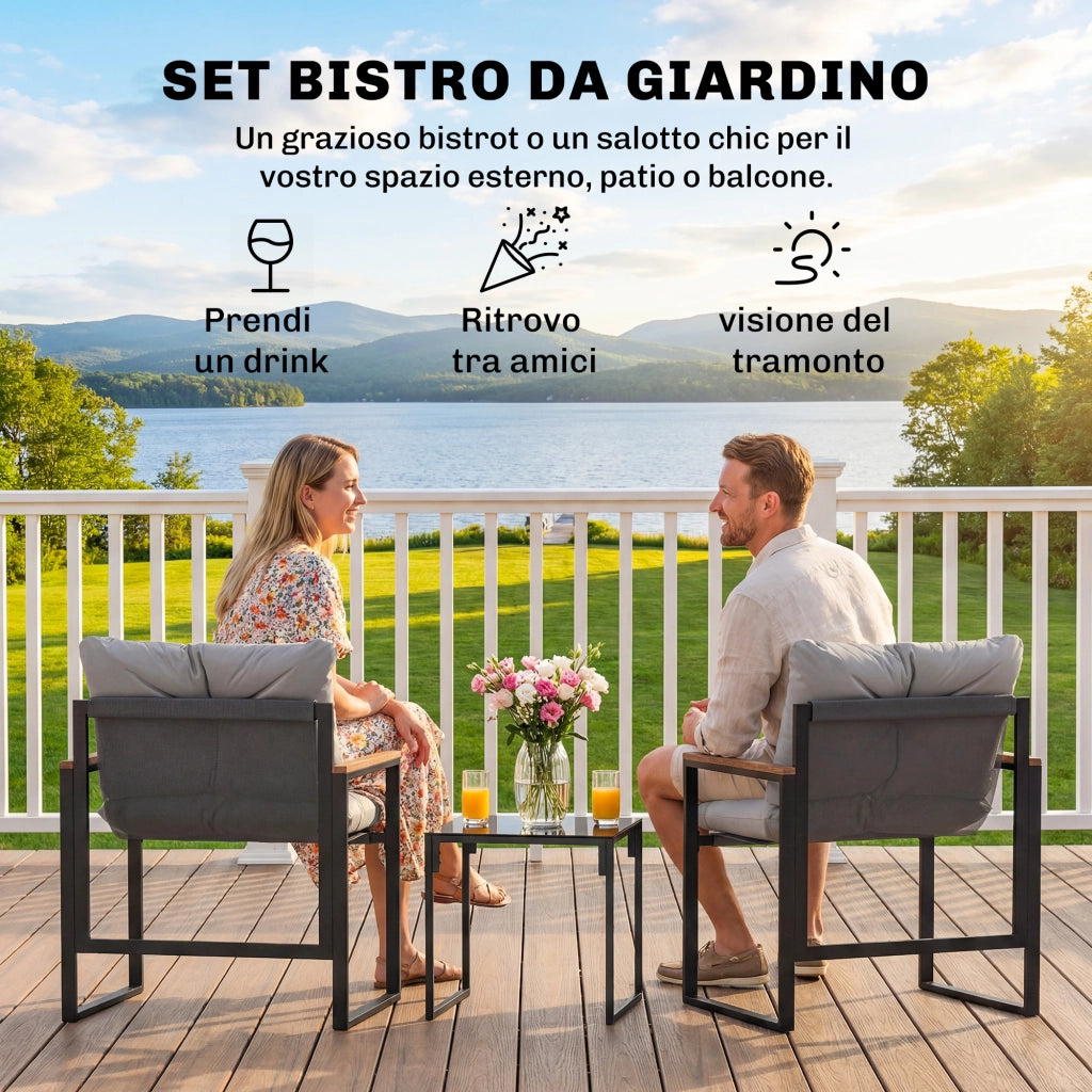 Set Tavolo e Sedie da Esterno per 3 Persone in Metallo con Cuscini Spessi, Multicolore