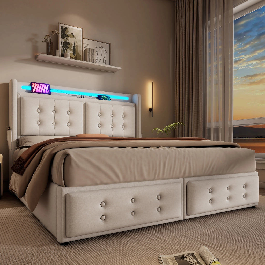 Letto matrimoniale imbottito 140x200 cm beige con contenitore