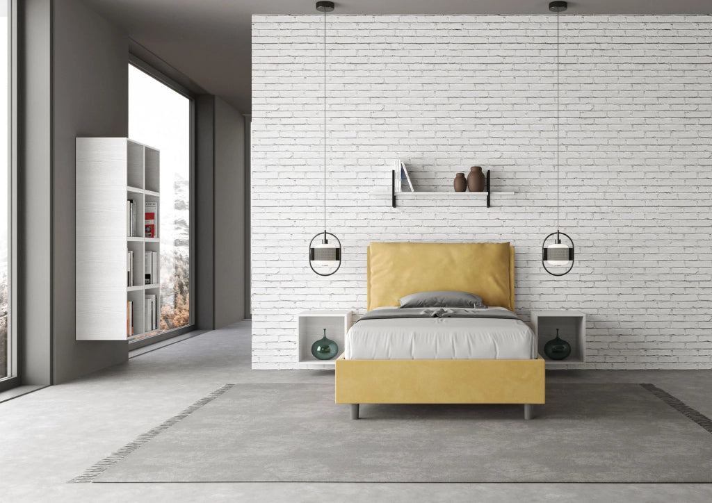 Letto 1 Piazza E Mezzo 110x190 cm con Rete e Contenitore Imbottito in Microfibra Antea Large Ocra