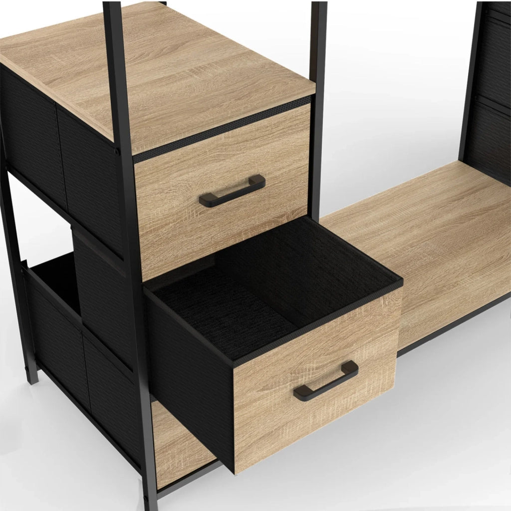 IDMarket - Armadio doppio UTAH + colonna doppia L. 140 cm con 6 ripiani e 6 cestini in legno e tessuto nero