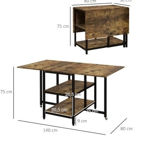 Tavolo da pranzo pieghevole con ruote e 2 ripiani 140x80 cm marrone