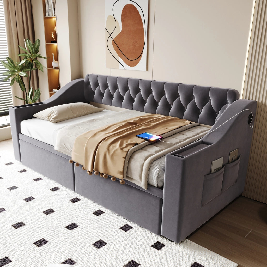 Letto divano con funzione letto e stoccaggio in velluto grigio scuro 90x190 cm