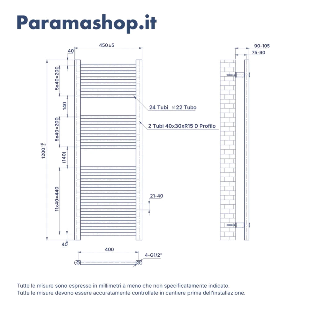 Termoarredo idraulico 1200x450 antracite interasse 400 | Polaris