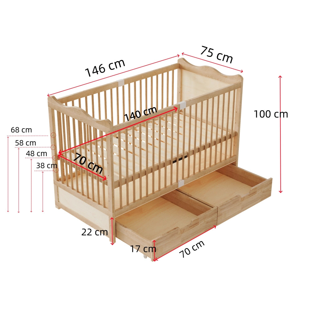 Letto per bambini con 2 cassetti, rete regolabile in 4 altezze e bordi arrotondati, senza materasso, legno naturale