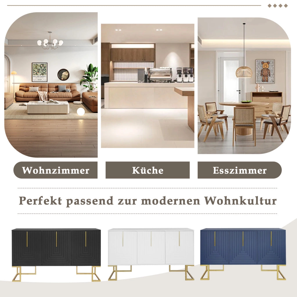 Credenza moderna a 3 ante con ripiani regolabili e base in metallo; MDF nero