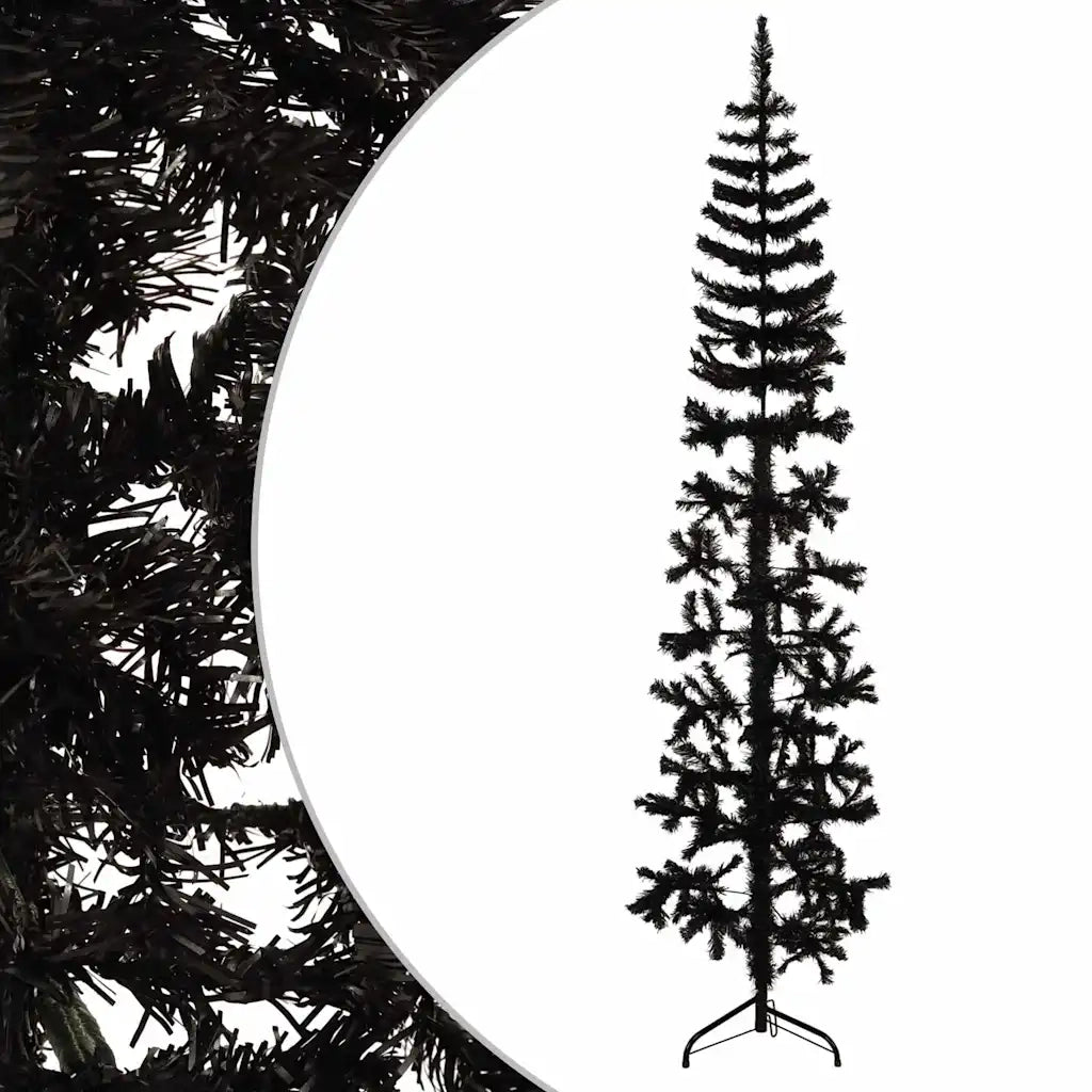 Albero Natale Artificiale Sottile a Met¨¤ e Supporto-Albero Natalizio Nero 210 cm