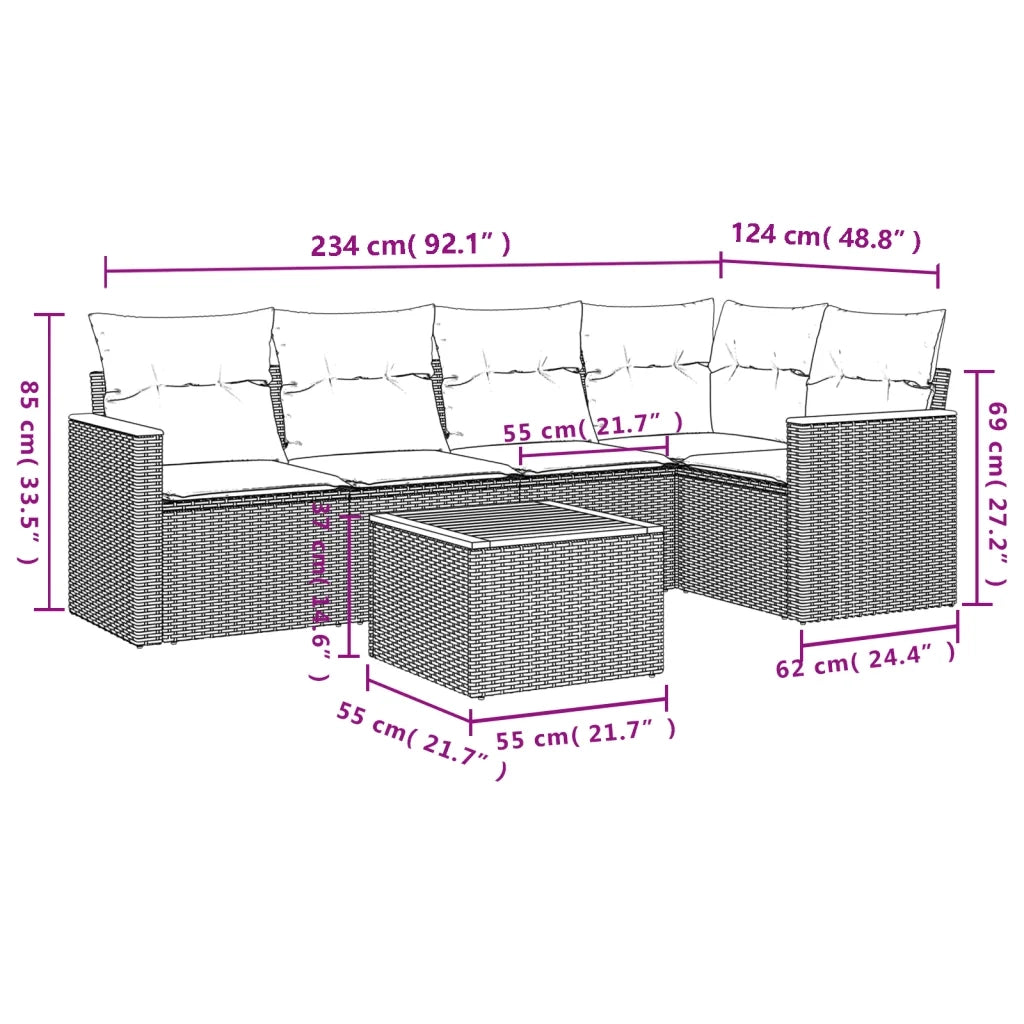 Set Divano da Giardino 6 pz con Cuscini Nero in Polyrattan