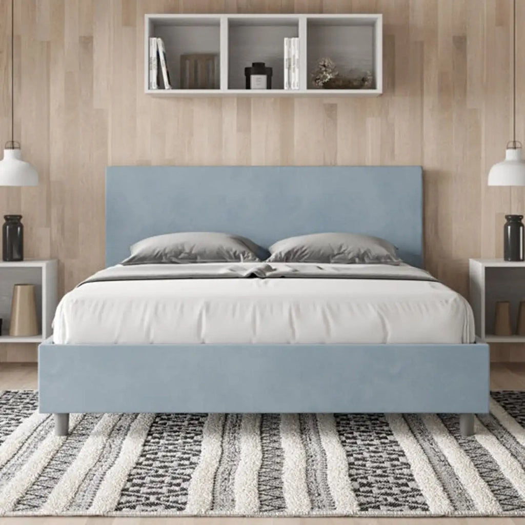 Letto matrimoniale con rete imbottito 160x190 microfibra azzurro Adele
