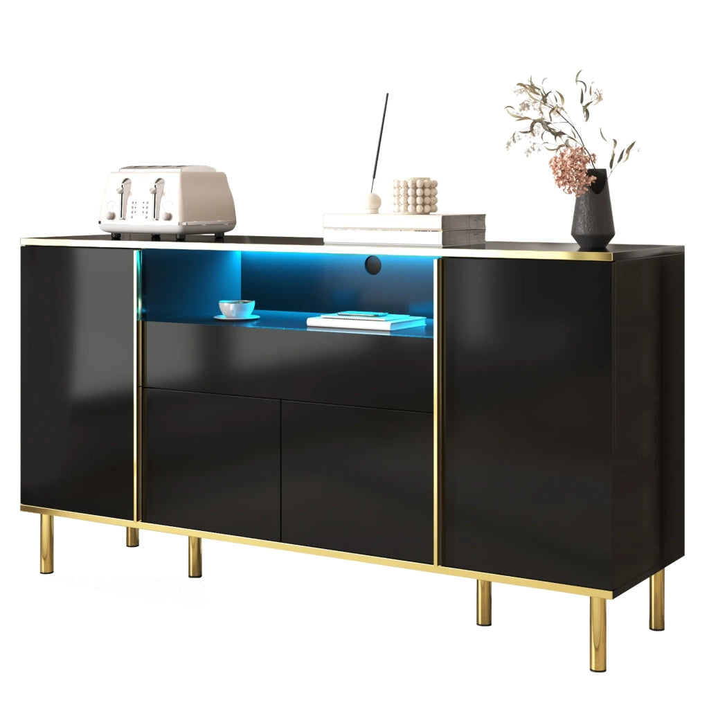 Sideboard nero lucido con 1 cassetto, 150x40x80 cm