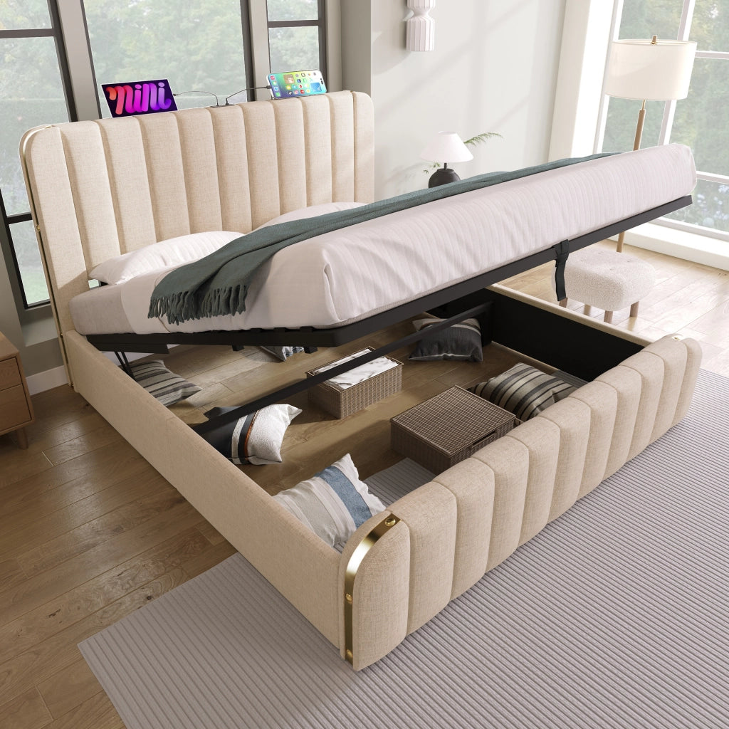 LETTO Contenitore 180x200 cm Beige in lino con USB Type-C