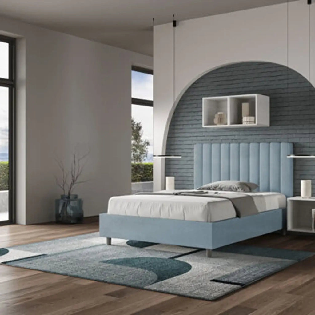 Letto una piazza e mezza contenitore imbottito 120x200 microfibra azzurro Agueda