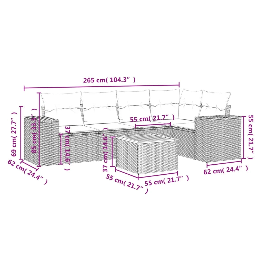 Set Divano da Giardino 6 pz con Cuscini Beige in Polyrattan