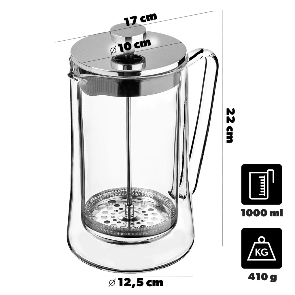 Caraffa per tè e caffè KADAX da 1 litro con pistone e bicchieri termici.