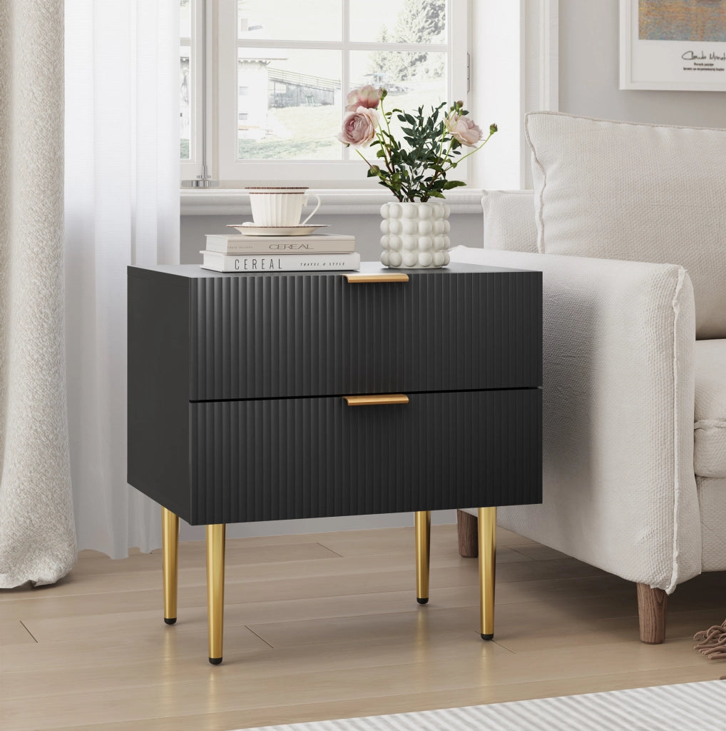 Comodino nero 53 x 41,5 x 52,5 cm, 2 cassetti, MDF e metallo