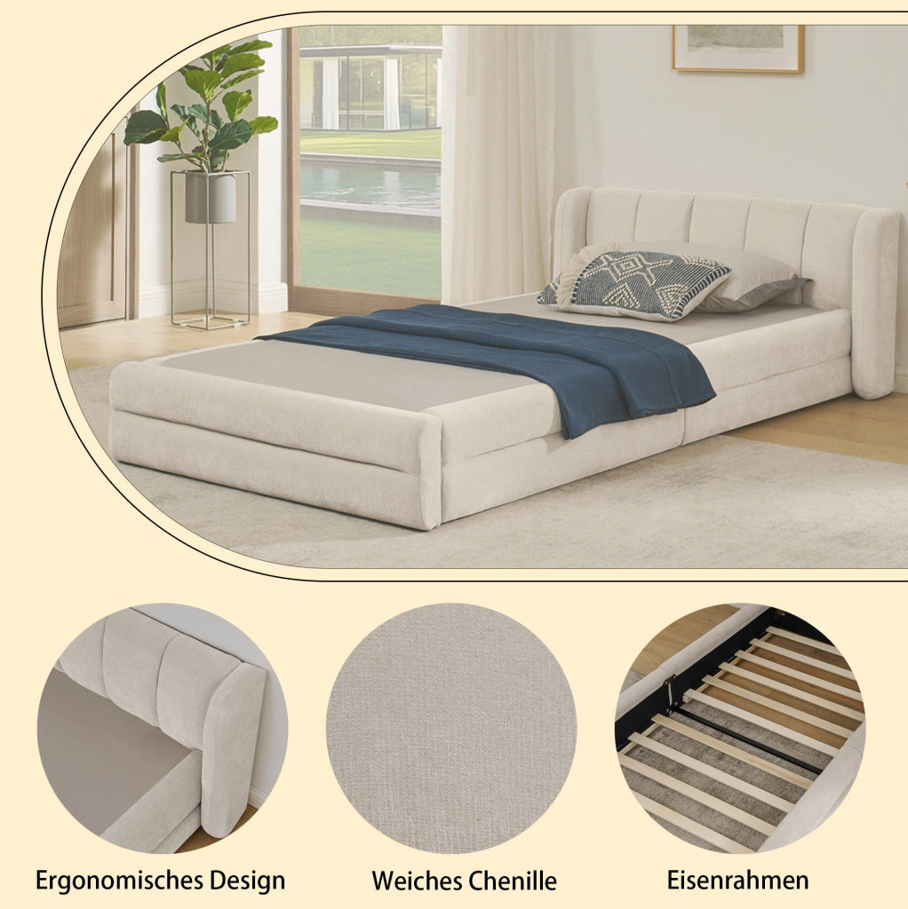 Letto singolo imbottito 90x200 cm in ciniglia beige