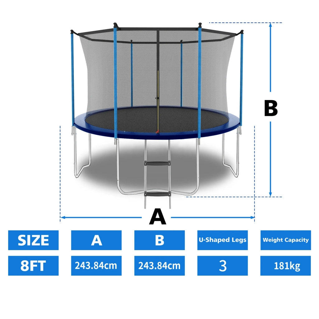 Trampolino 8FT da esterno, blu, con rete di sicurezza e scala, portata 181 kg