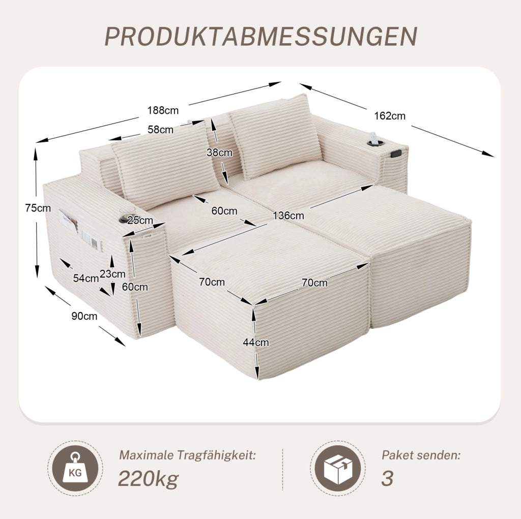 Divano modulare 2 posti corduroy con pouf, porta bicchieri e tasche, beige