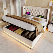 Letto matrimoniale 160x200 cm con contenitore; LED e USB Type-C; imbottito beige in cotone