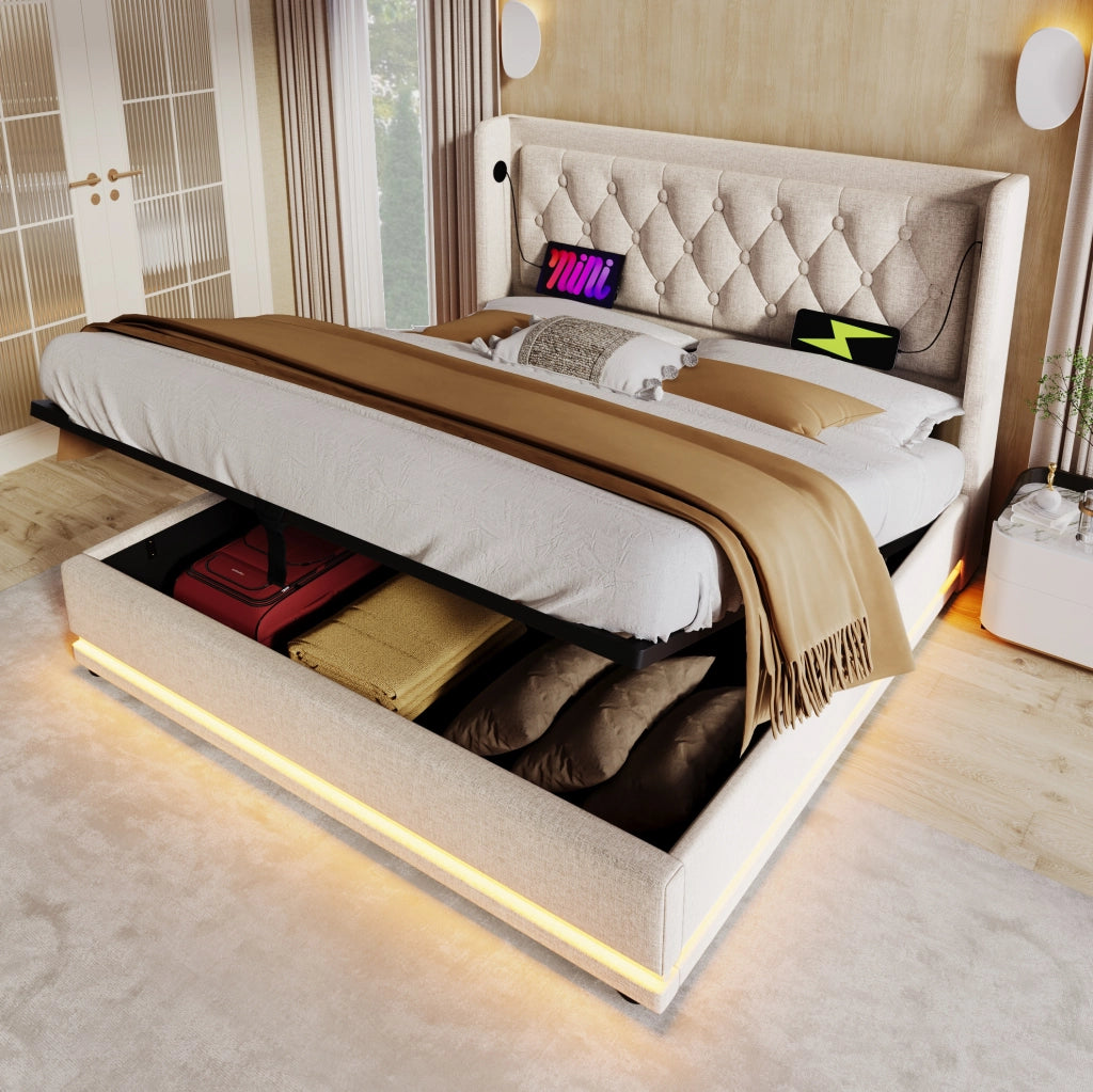 Letto matrimoniale 160x200 cm con contenitore; LED e USB Type-C; imbottito beige in cotone