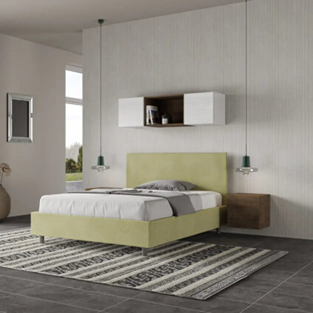 Letto matrimoniale francese senza rete imbottito 140x200 microfibra tè verde Adele