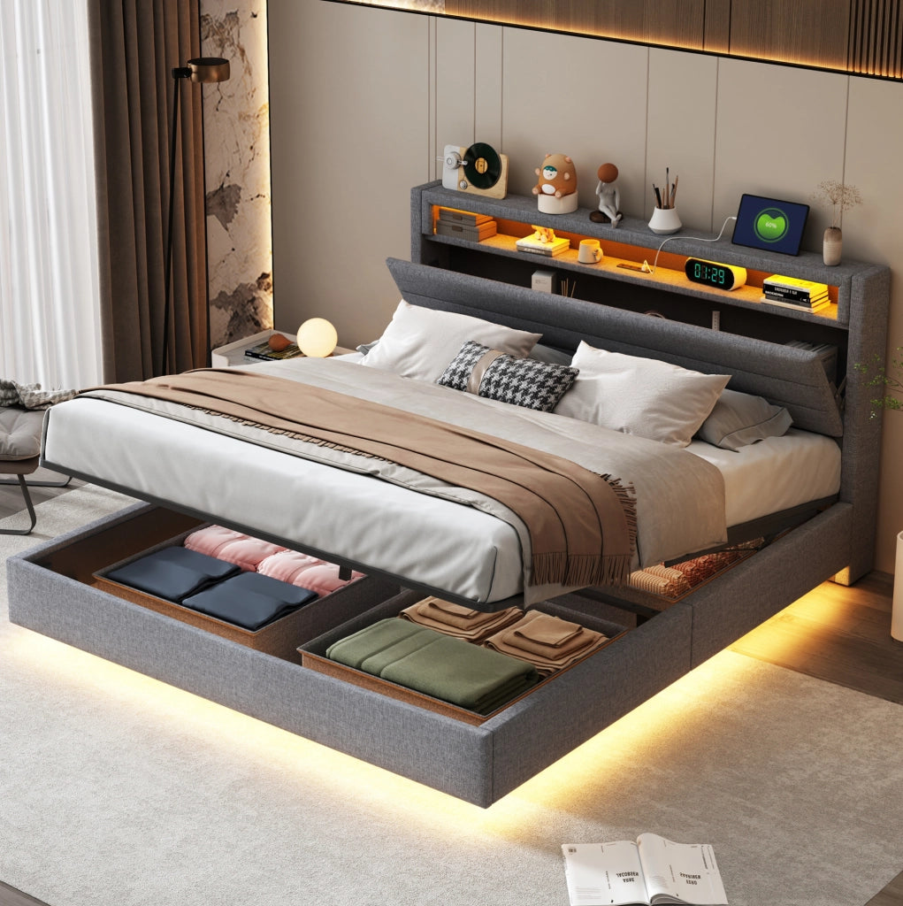 Letto imbottito 160x200 cm con contenitore, USB e LED