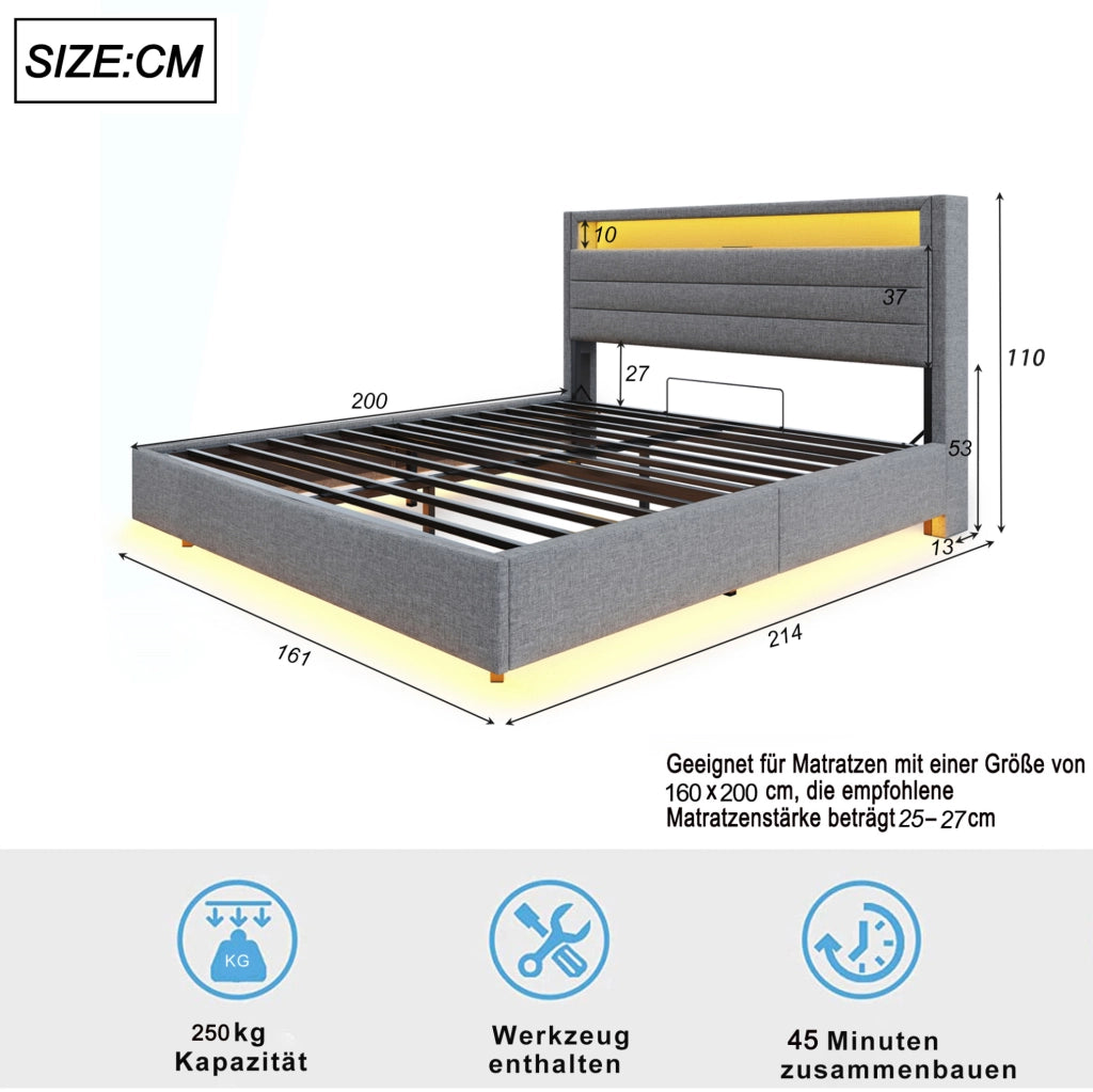 Letto imbottito 160x200 cm con contenitore, USB e LED