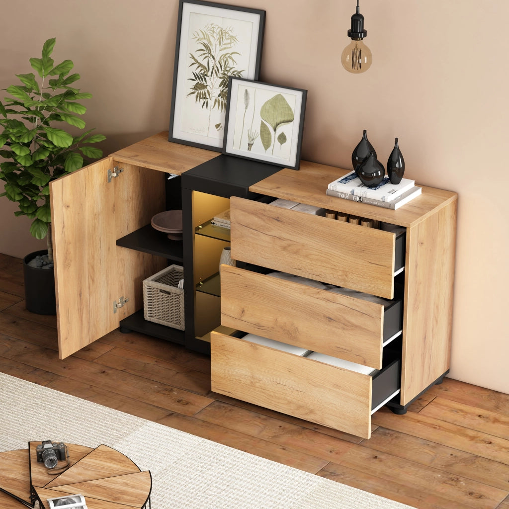 Sideboard moderno 140 cm con LED APP; 3 cassetti; ripiani in vetro; nero e marrone