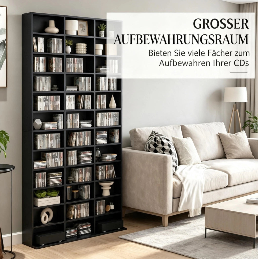 Scaffale Stand per Media in MDF Nero, Capiente per CD e DVD, 102x23,5x195 cm