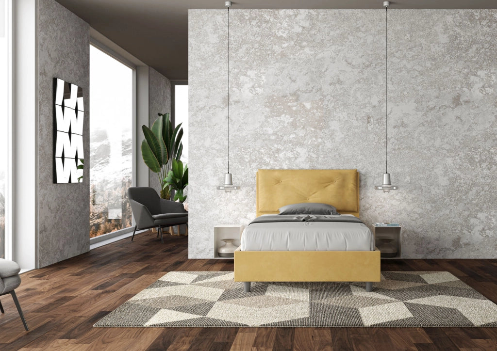 Letto 1 Piazza E Mezzo 110x190 cm con Rete e Contenitore Imbottito in Microfibra Appia Large Ocra