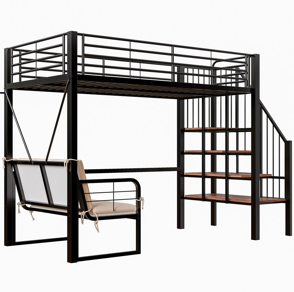 Letto a castello 90x200 cm con divano removibile e scala contenitore in metallo