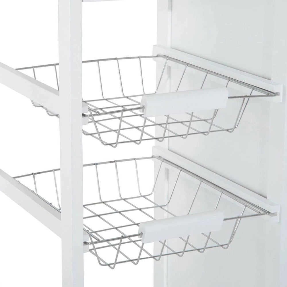 Carrello Cucina in Legno Bianco con Cassetti Cestelli Acciaio e Top Bambù Multiuso