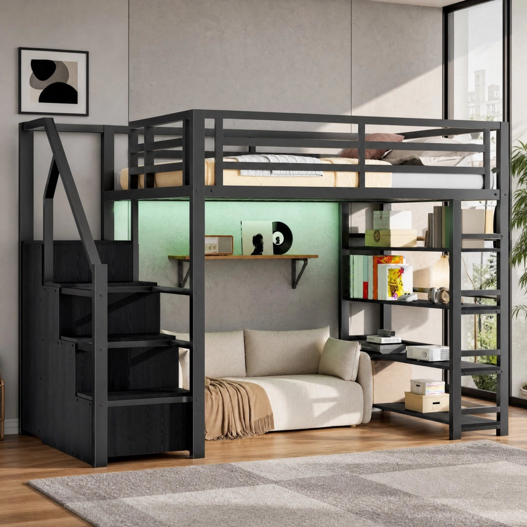 Letto a soppalco 140x200 cm con LED; libreria; armadio e scala contenitore; nero