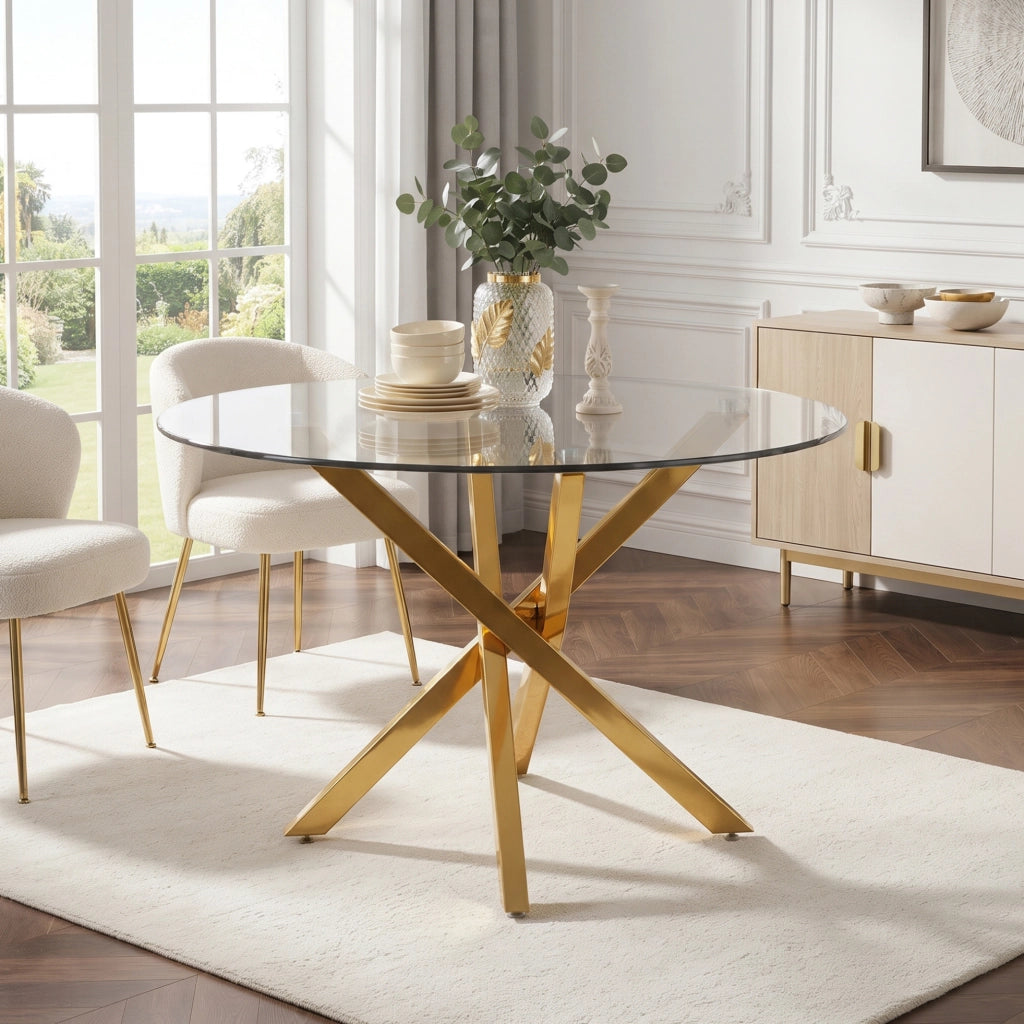 Tavolo rotondo 80 cm in vetro temperato e metallo oro