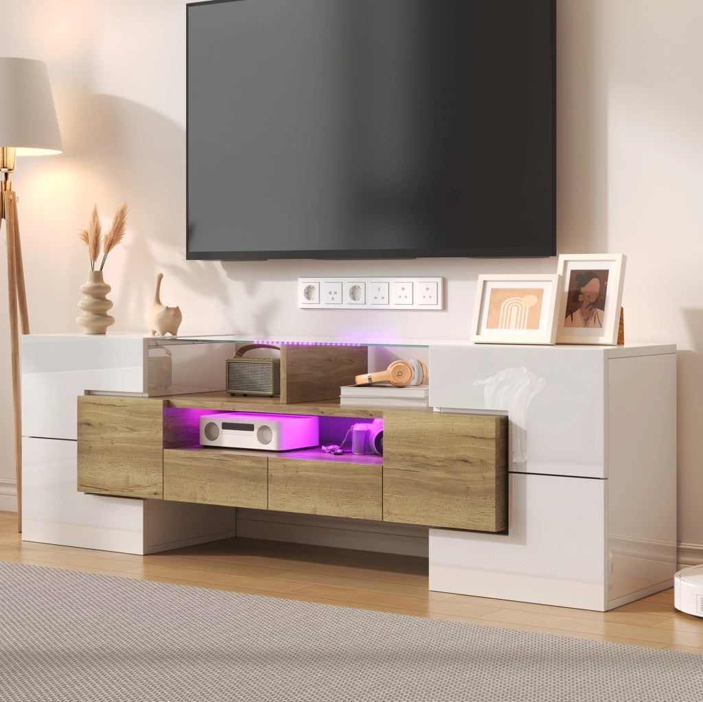 Mobile TV 145 cm con LED multicolore, 6 ante e 2 cassetti bianco e oro