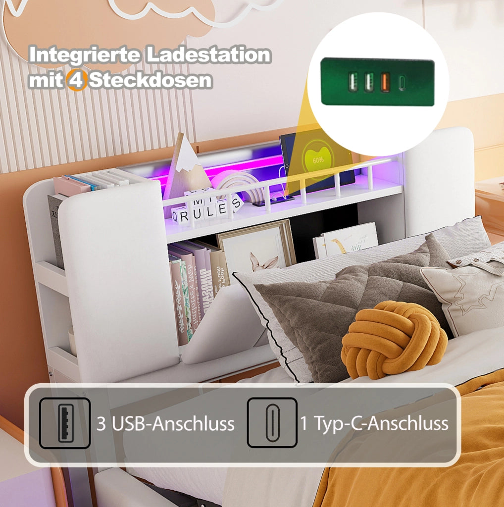 Letto imbottito per bambini 90x200 cm con LED, USB e contenitore idraulico, beige