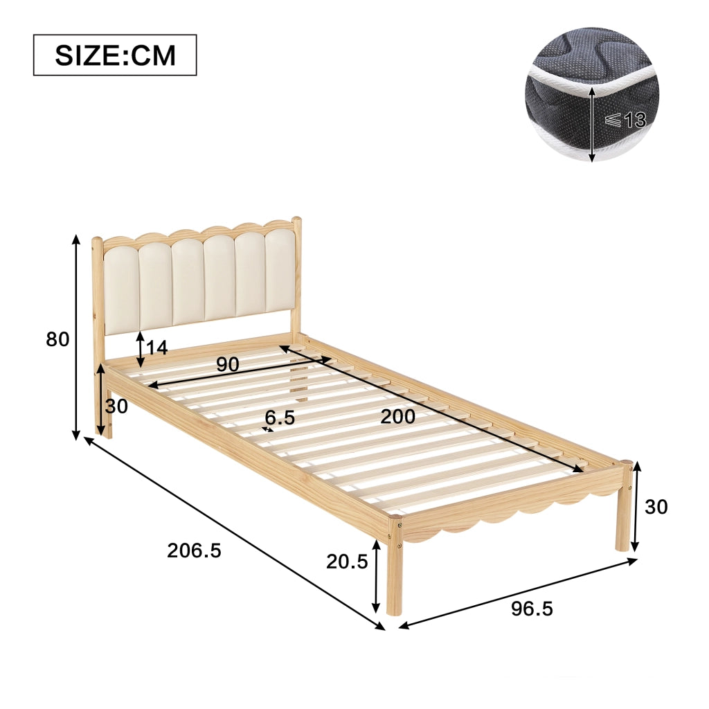Letto imbottito per bambini con testiera in PU e doghe, 90x200 cm, beige