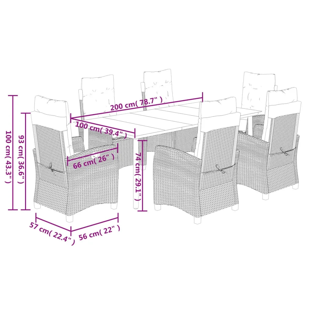Set da Pranzo da Giardino 7 pz Nero con Cuscini in Polyrattan 3212739